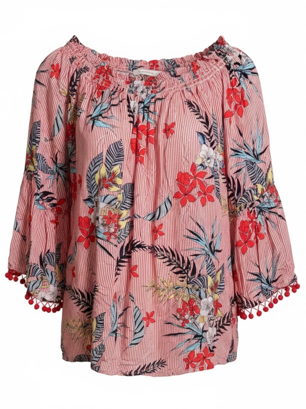 grand & greene Pink Floral Off-Shoulder Tunic with Pom Trim